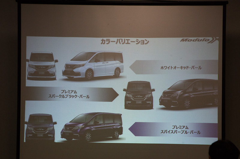 ステップワゴンスパーダとの違いを表したもの。引き出しで説明されているのがステップワゴン Modulo X専用に用意されたアイテムだ。ボディカラーはスパーダで人気の3色を設定