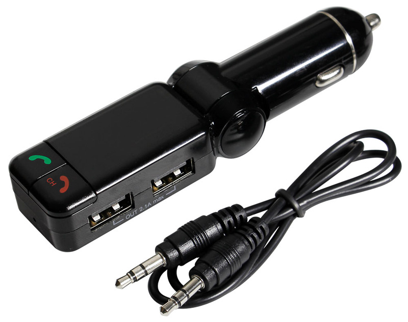 本体右側面に充電用のUSB端子を2個（計2.1A）搭載。左側面にはライン入力端子、選曲/音量/周波数選択/＋－ボタンなどを設定。製品にはオーディオケーブルが付属する