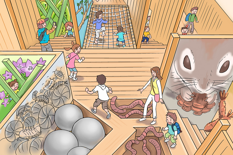 昆虫や小動物のリアルなオブジェ、イラストなどを配置した内部には、一本橋やバランスボール、ネット登りなどを配置して自然の障害物を再現