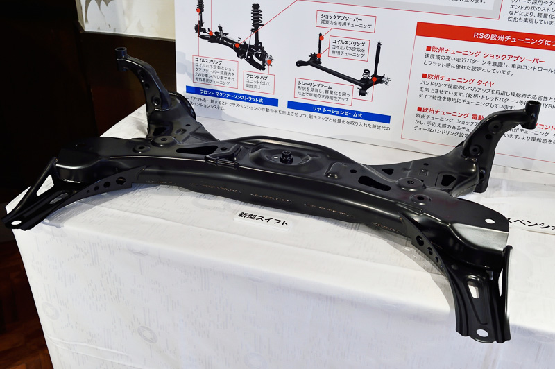 サスペンションフレームの車体固定ポイントを6点に増やしたほか、ボディ側の強度の高い部分にサスペンションアームと共締めする方式を採用してタイヤからの入力をしっかりと受け止められるよう設計している