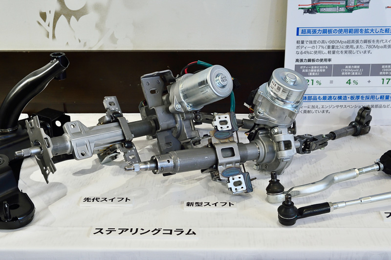 ステアリングの関連部材やスタビライザーなど、さまざまな部分で中空構造の採用や鋳造構造からプレス部材への変更などを実施して軽量化を積み重ね、最終的に120kgの軽量化を実現している