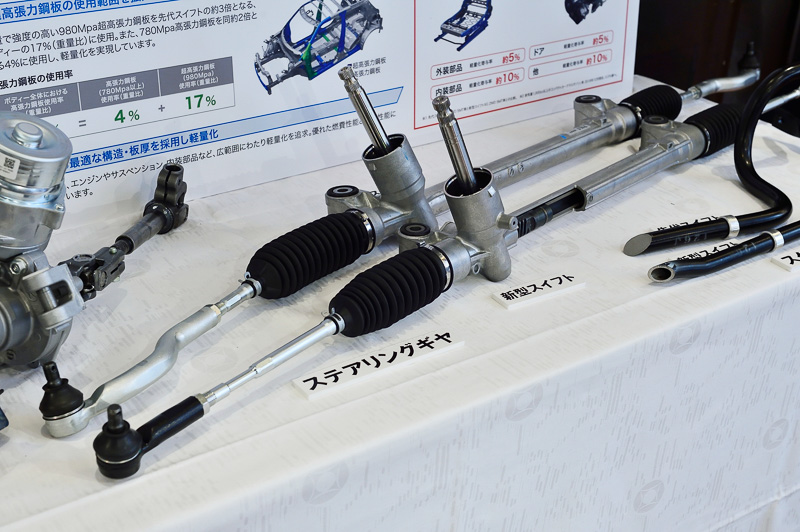 ステアリングの関連部材やスタビライザーなど、さまざまな部分で中空構造の採用や鋳造構造からプレス部材への変更などを実施して軽量化を積み重ね、最終的に120kgの軽量化を実現している