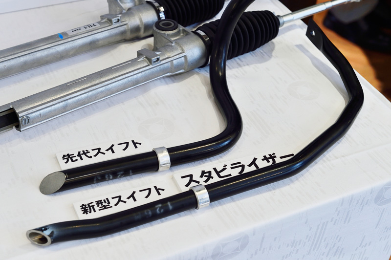 ステアリングの関連部材やスタビライザーなど、さまざまな部分で中空構造の採用や鋳造構造からプレス部材への変更などを実施して軽量化を積み重ね、最終的に120kgの軽量化を実現している