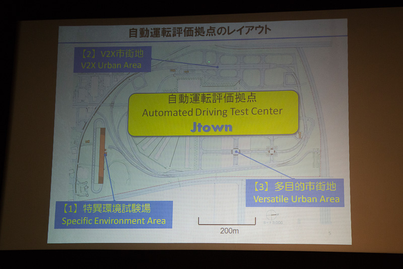 3つのエリアに分かれているJtownのレイアウト。特異環境試験場を新たに建設し、そのほかはJARIに従来からあった模擬市街路をベースに手を加えている