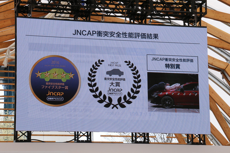 「スバルグローバルプラットフォーム」の採用による「世界トップレベルの総合安全性能」が評価され、NASVA（自動車事故対策機構）が実施した自動車アセスメントで過去最高得点となる199.7点を獲得。「衝突安全性能評価大賞」が与えられたこともアピールしている