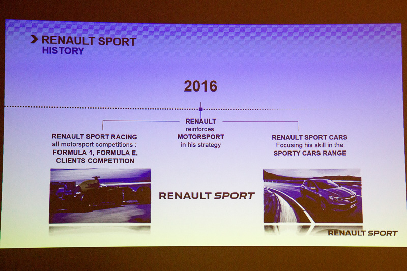 2016年には組織改編。ルノー・スポールはルノー・スポールレーシングと一般市販車のあいだをつなぐブランドとのこと。ルノー・スポールが手がけた歴代モデルも紹介された