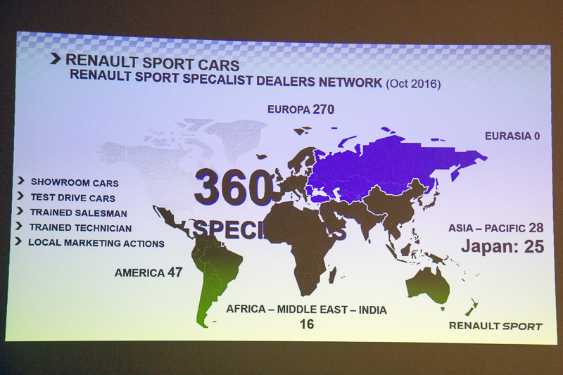 ルノー・スポールにはスペシャリストディーラという制度がある。セールス、メカニックともに専用のトレーニングを受け、なおかつ展示車、試乗車などについても規定があり、毎年ルノー・スポールの担当者からチェックを受けることで認定される。世界のスペシャリストディーラは全360店舗だが、日本には25店舗もあるとのこと