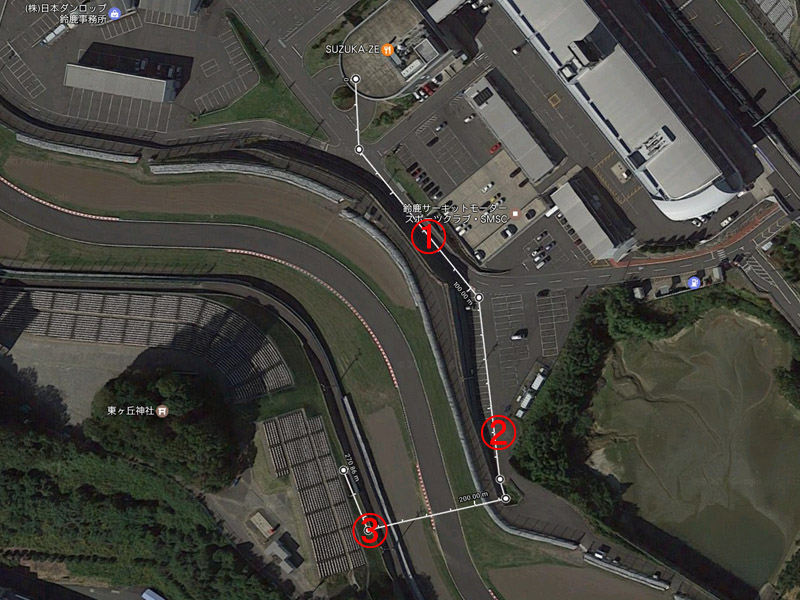 S字トンネルルート。数字はスタートから1分、2分、3分経過の場所を表してる