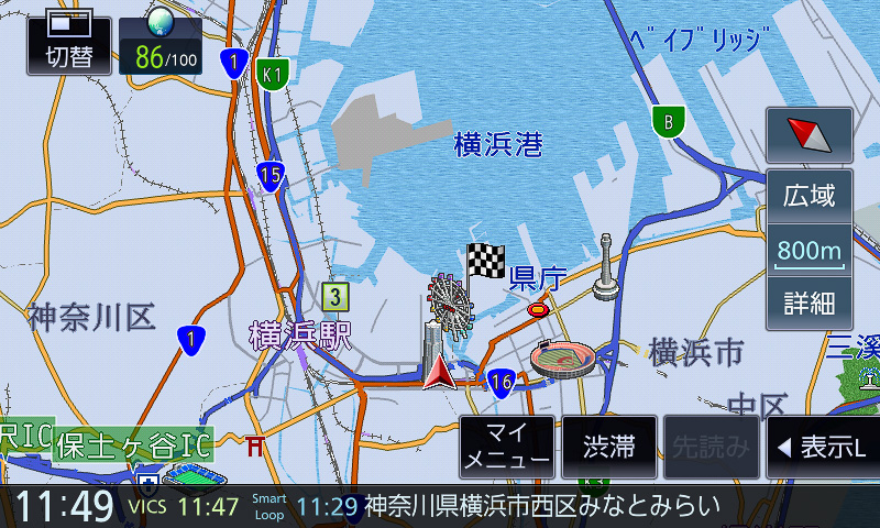 800m～15kmスケール。道路関係の情報のみ表示されるイメージ