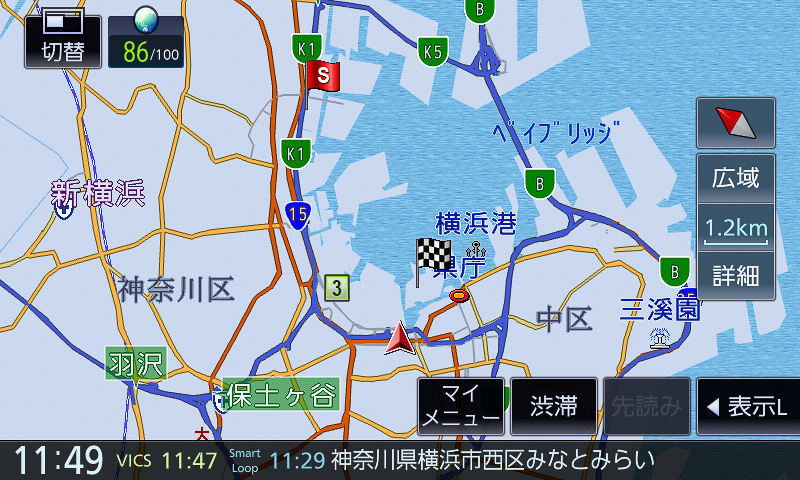 800m～15kmスケール。道路関係の情報のみ表示されるイメージ