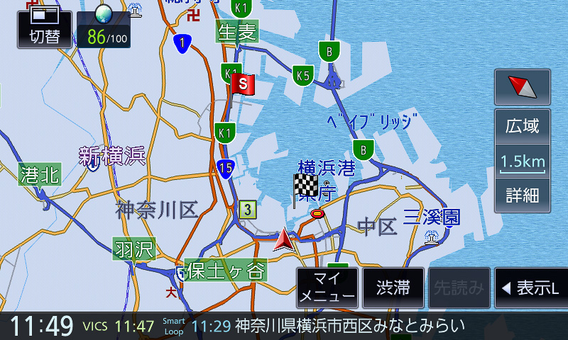 800m～15kmスケール。道路関係の情報のみ表示されるイメージ