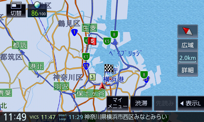 800m～15kmスケール。道路関係の情報のみ表示されるイメージ