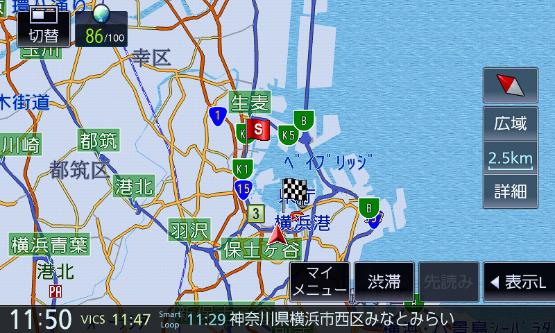 800m～15kmスケール。道路関係の情報のみ表示されるイメージ