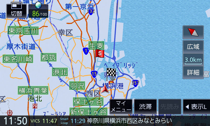 800m～15kmスケール。道路関係の情報のみ表示されるイメージ