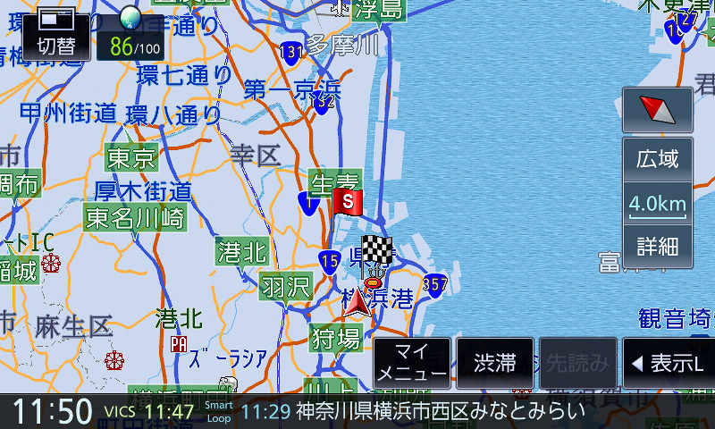 800m～15kmスケール。道路関係の情報のみ表示されるイメージ