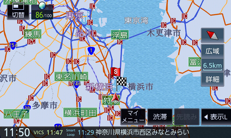 800m～15kmスケール。道路関係の情報のみ表示されるイメージ