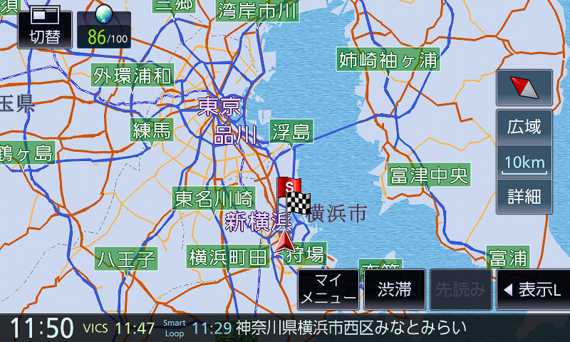 800m～15kmスケール。道路関係の情報のみ表示されるイメージ