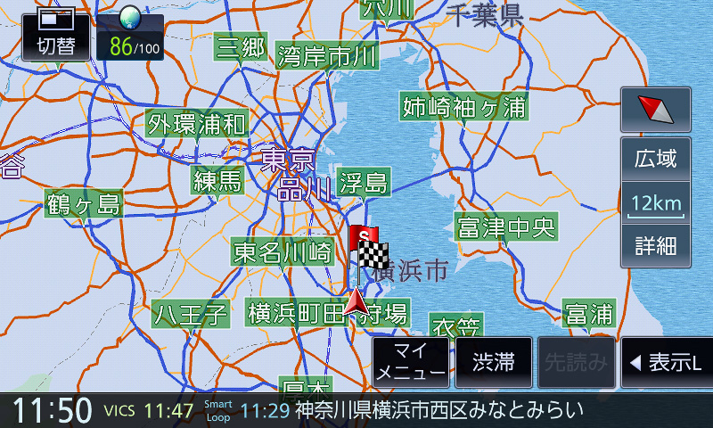 800m～15kmスケール。道路関係の情報のみ表示されるイメージ