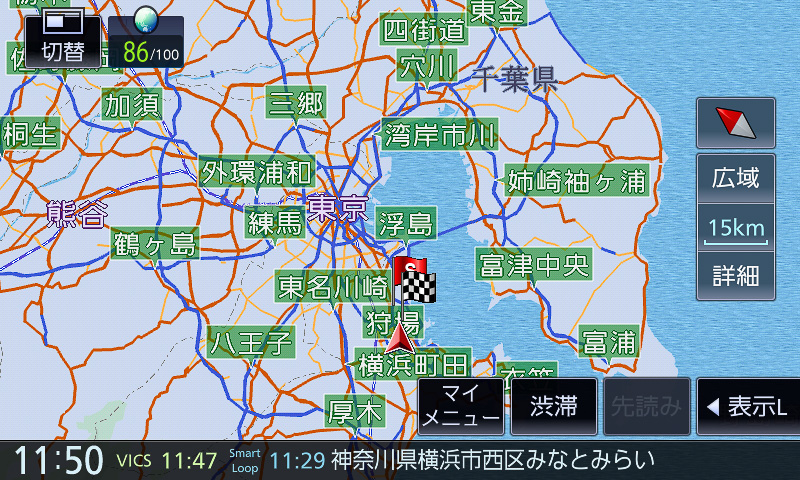 800m～15kmスケール。道路関係の情報のみ表示されるイメージ