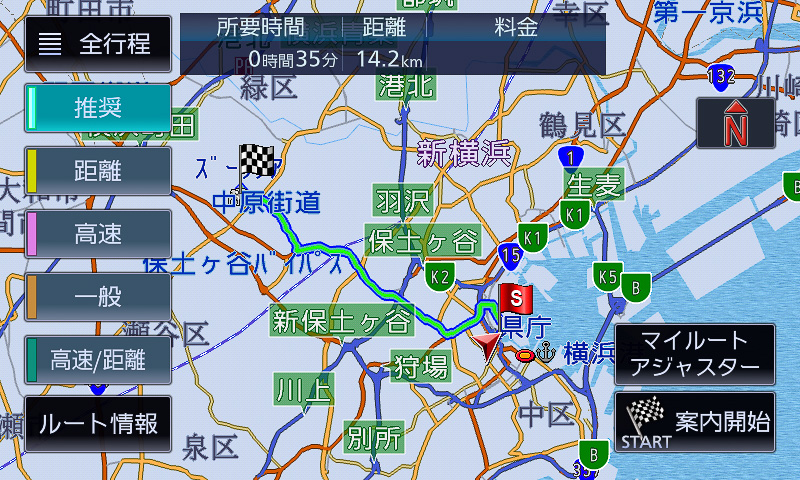 「道幅優先」の道幅設定を最も狭くして再探索。1.3kmほど距離が減った
