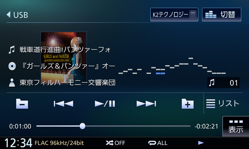 3種類の再生画面を用意。左からスペアナ表示、アナログメーター表示、アルバムアートの色にシンクロした背景色となるアルバムアートカラーシンクロモード