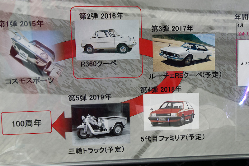 レストアプロジェクトの予定。2017年にルーチェロータリークーペ、2018年にBDファミリア、2019年に3輪トラックの予定になっている。レストアプロジェクトは年ごとに手がけるクルマがあるので、1台のクルマあたり1年で完成させるというのが基本。作業自体は1週間に1日、この活動に充ててよいことになっているので、勤務時間内にも行なうことができるとのこと