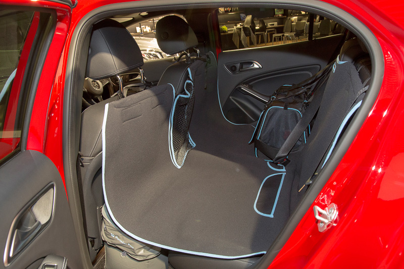 ドアを開けるとスリーポインテッドスターマークが路面に浮かぶ「LEDロゴプロジェクター」はオプション装備。後席にペットを座らせるための「ペットシートカバー」「ペットシートスペースクッション」「ペットキャリー」などもオプション設定する