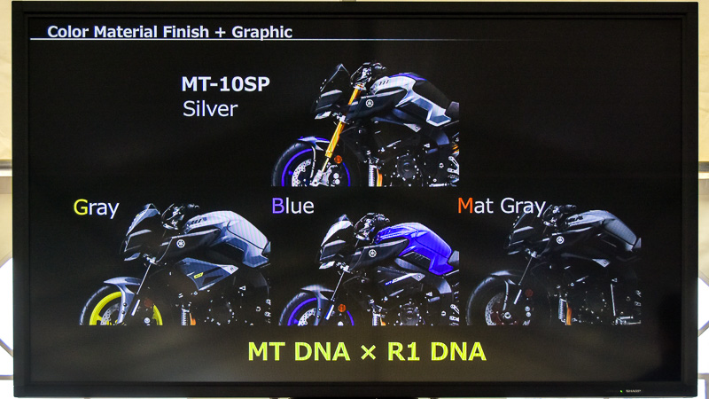 カラーバリエーションは、MT-10がグレー、ブルー、マットグレーの3色。MT-10 SPはシルバー1色のみ