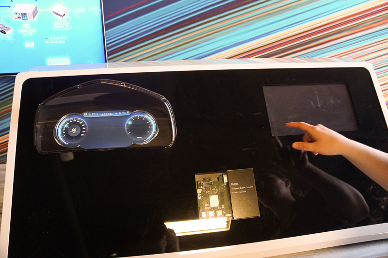 DelphiのAtomプロセッサを利用して、車載情報システム（IVI）とメーターを1つチップで実現するデモ。OSはハイパーバイザーで仮想化されている