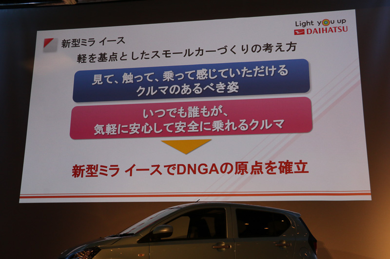 新しいミラ イースは、ダイハツらしいクルマづくりの事業構造となる「DNGA（ダイハツ・ニュー・グローバル・アーキテクチャー）」の原点を確立するモデルとなる