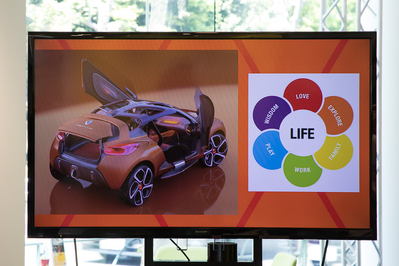 ルノーのデザイン戦略「サイクル・オブ・ライフ」。ルノーが企業理念に掲げる「ヒューマン セントリック（人を中心にした車づくり）」を軸に、「LOVE」「EXPLORE」「FAMILY」「WORK」「PLAY」「WISDOM」という6つのライフステージに分けて、それぞれのステージに合ったコンセプトモデルを提案。そのコンセプトモデルを元に、市販車を作る流れ