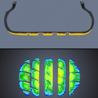 「ワンダー・ウェア・ポリマー」によって接地面積が広くなり、接地面に加わる力が分散しているイメージ