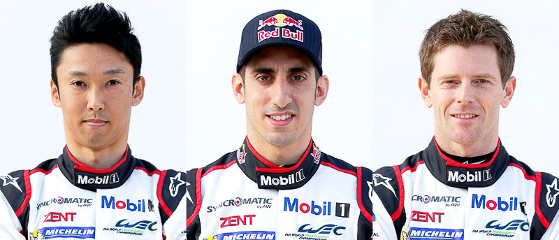 TS050 HYBRID 8号車のドライバー。写真左から中嶋一貴選手、セバスチャン・ブエミ選手、アンソニー・デビッドソン選手