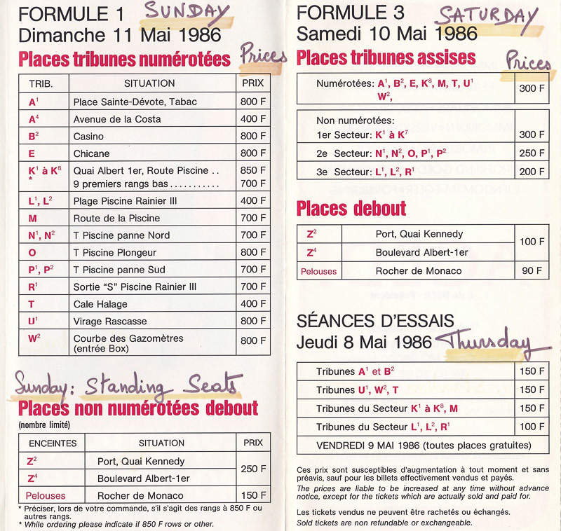 当時のプライスリスト。モナコは木曜日、土曜日、日曜日の観戦エリアを別々に買う