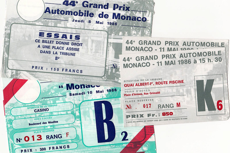 ACMから送られてきたチケット。木曜日B2が150フラン。土曜日もB2で300フラン。日曜日はK6で850フラン