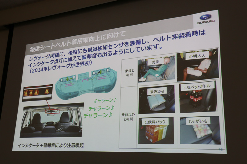 他社ではインジケーターのみとなる後席ベルトリマインダーも、乗員を適切に判定できるので警報音を出せるとアピール