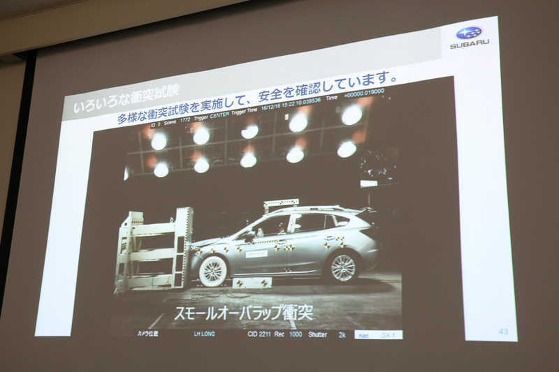 このほか、スバルでは一般的な「フルフラップ」「オフセット」といった衝突試験以外にも、多彩なシチュエーションで衝突試験を実施。さまざまな視点から安全性を高めているといしている