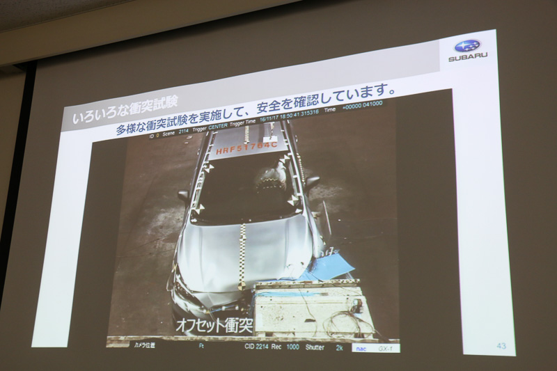 このほか、スバルでは一般的な「フルフラップ」「オフセット」といった衝突試験以外にも、多彩なシチュエーションで衝突試験を実施。さまざまな視点から安全性を高めているといしている