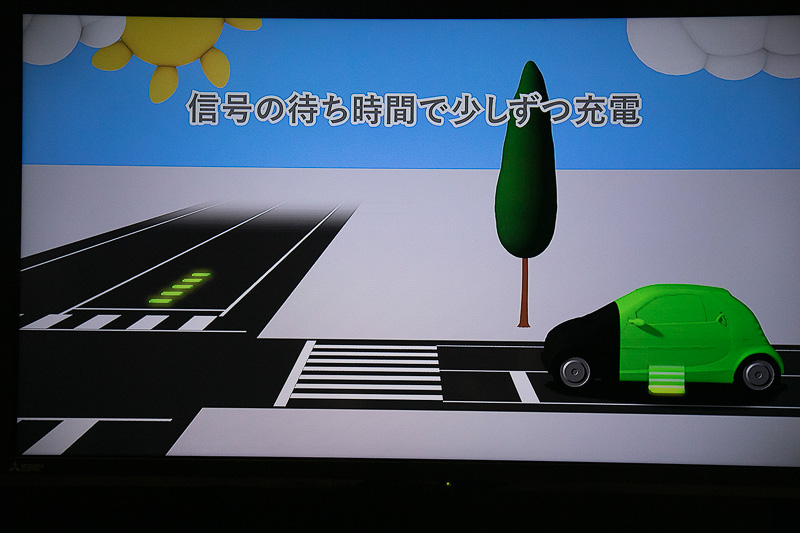 ワイヤレス充電装置を交差点に設置して、信号待ちの時間で少しずつ充電するというアイデア。もちろん実用化にはいろいろな問題もあるが、実現すればEVがより便利なものになる。なお、雨天時などの水がある状況でも、ワイヤレス充電の影響で周辺の人が感電するようなことはない
