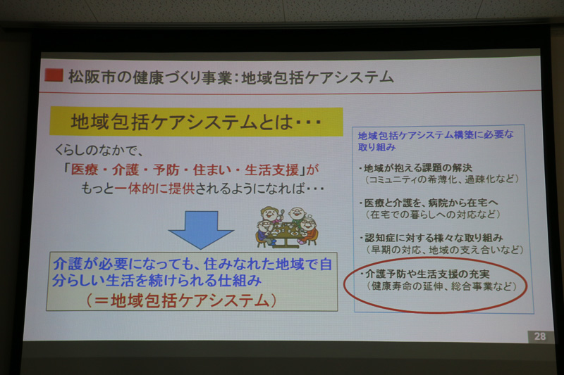 松阪市が取り組んでいる「地域包括ケアシステム」では、とくに「健康寿命の延伸」に注力している