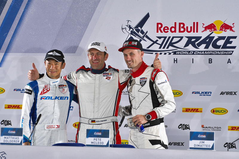 左から予選4位の室屋義秀選手、予選2位のマティアス・ドルダラー選手、予選トップのピート・マクロード選手