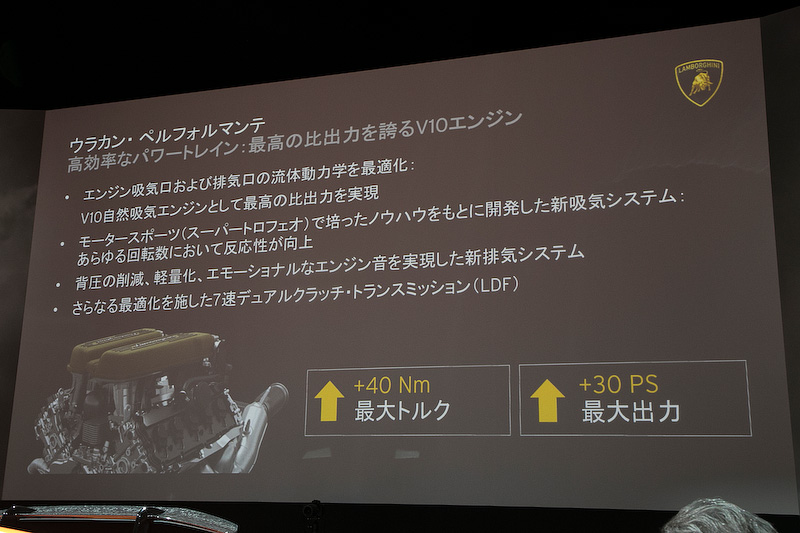 ウラカン・ペルフォルマンテのエンジンについて。V型10気筒5.2リッター自然吸気エンジンの最高出力は470kW（640PS）/8000rpm、最大トルクは600Nm/6500rpm。この数値はランボルギーニのV10エンジンとしては過去最高の数値とのこと