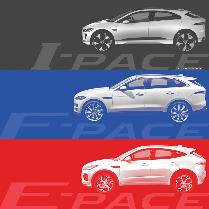 上から「I-PACE コンセプト」「F-PACE」「E-PACE」のサイドビュー