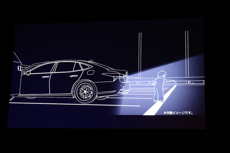 駐車場での安全性を高めることを目的としたパーキングサポートブレーキでは、既存の「インテリジェントクリアランスソナー」「リヤクロストラフィックアラート」に加え、世界初の技術である「対後方歩行者サポートブレーキ」を採用。後退中にリアカメラで歩行者などを発見した場合に警報の作動とブレーキによる減速を行なって危険回避をアシストする