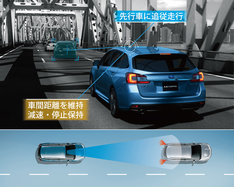 新機能の「アイサイト・ツーリングアシスト」では、車線に加えて先行車両を検知してステアリングのアシストを実施。作動速度も拡大して幅広い状況で運転をアシストする