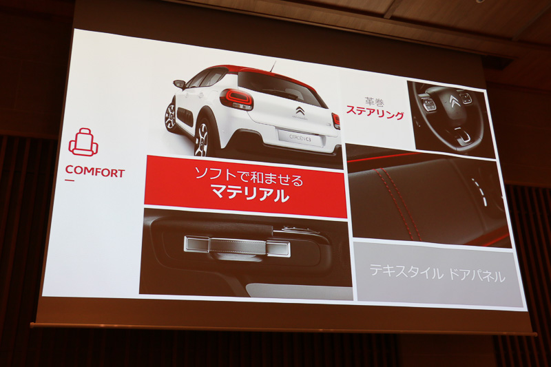 旅行用トランクのストラップがモチーフというフロントドアグリップなどにより、シトロエン独自の遊び心を表現しているという