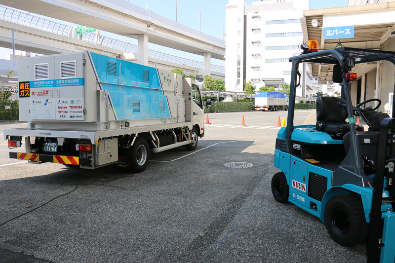簡易水素充填車とFCフォークリフト双方のハッチを開けて水素充填を開始