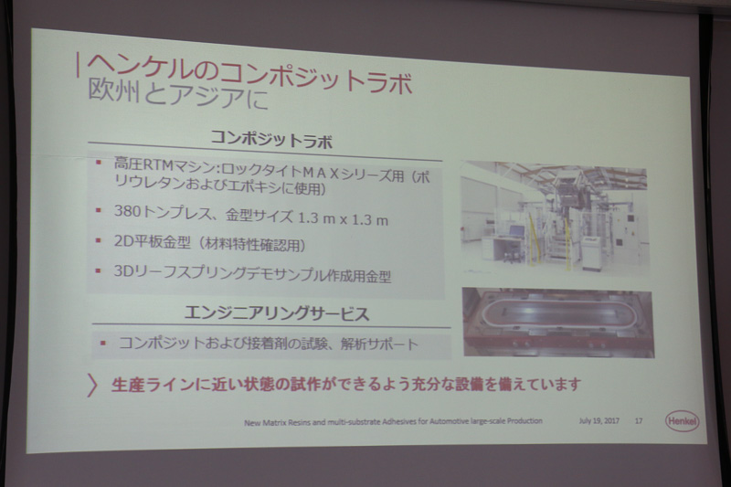 コンポジットラボでは1.3×1.3mの金型を使用可能。平面だけでなく、リーフスプリングなどの3Dサンプルも成型できる