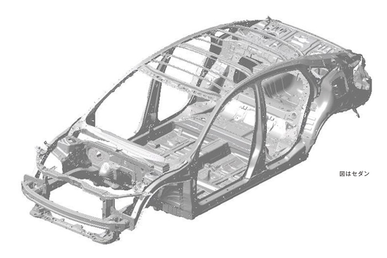 新型シビック セダンのホワイトボディ。「インナーフレーム骨格構造」によって主要なフレームの結合効率を高め、ボディ骨格自体を強固に仕上げて補強材の使用を最小限にとどめることで軽量化している