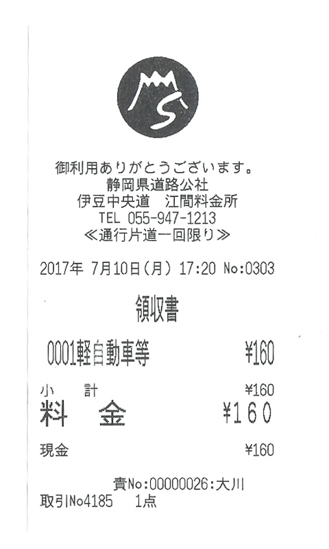 伊豆中央道の料金はちゃんと正規の軽自動車料金となった（当たり前だが）